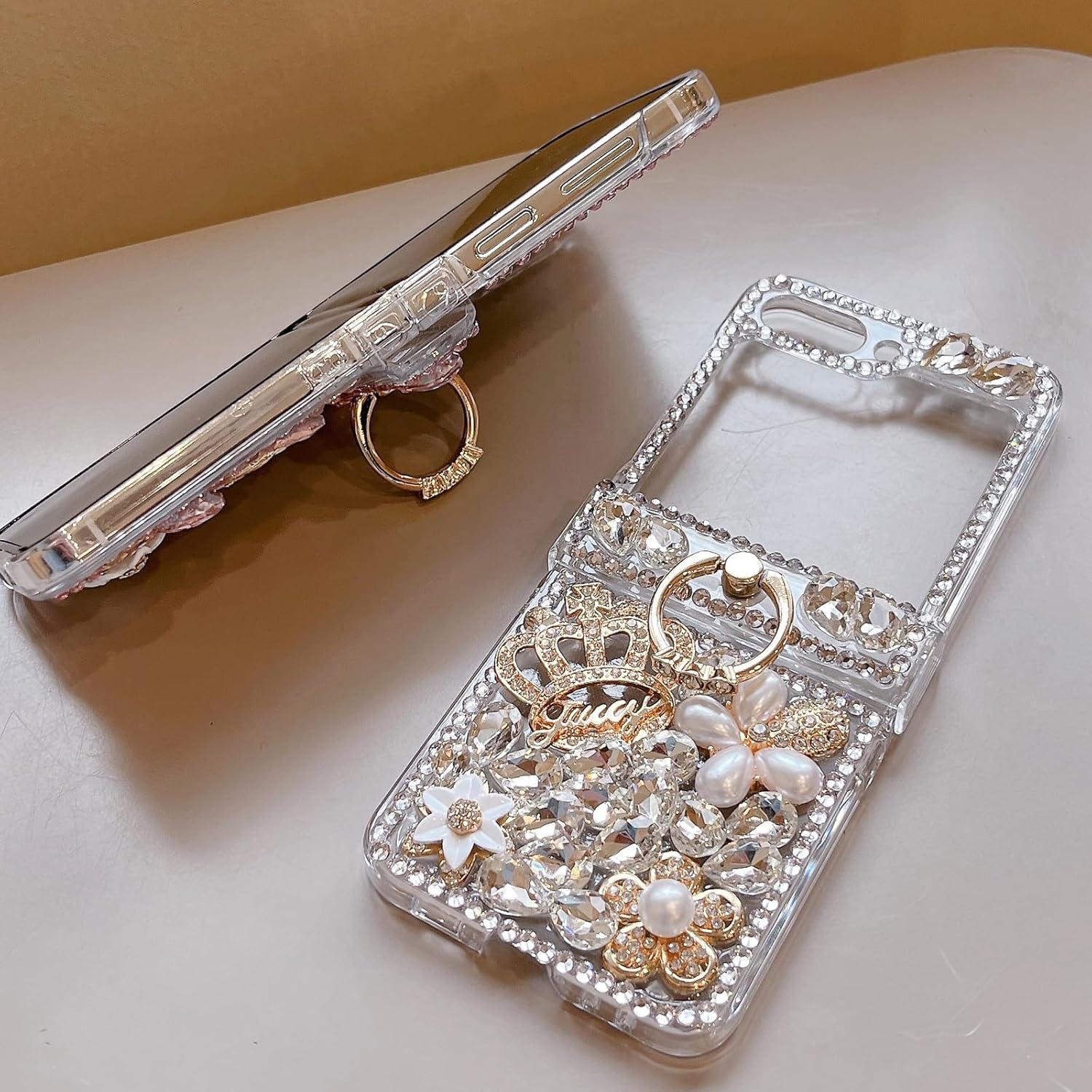 Changjia Funda para Samsung Galaxy Z Flip 5 con purpurina y soporte para anillo de protección de bisagra, bonita y lujosa corona 3D de diamantes de