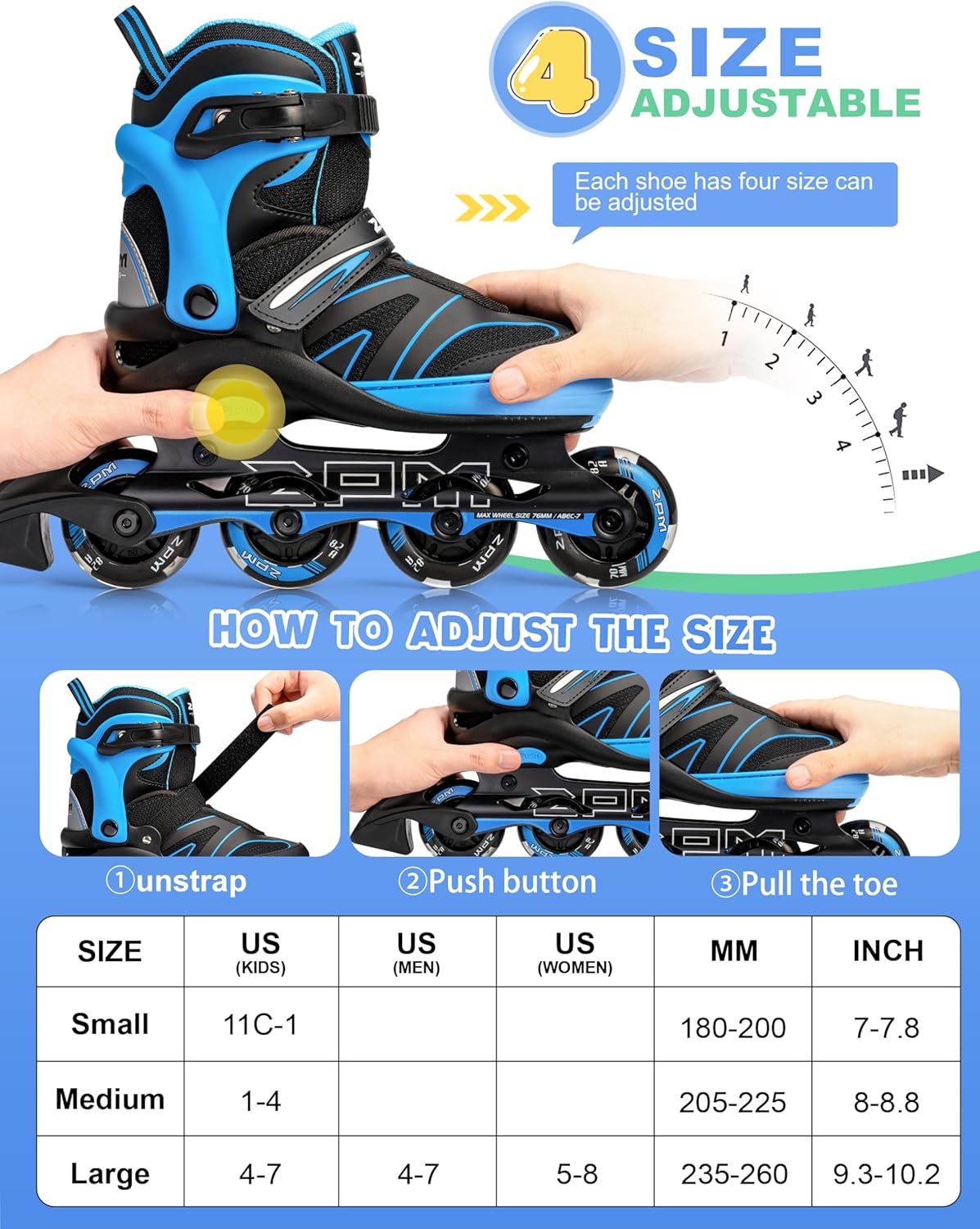 2PM SPORTS Patines en línea ajustables para niños de 4 a 12 años, patines Inlie para niñas y niños de 5 a 8 a 12 años con ruedas de luz completa,