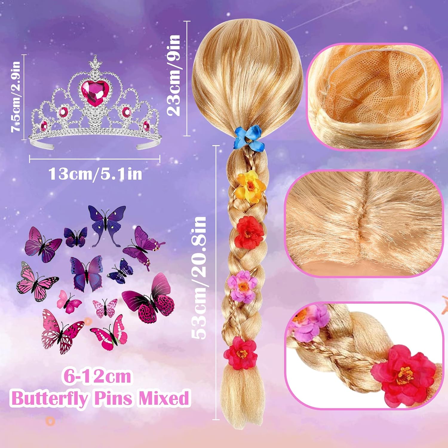 Tacobear Rapunzel – Vestido de princesa para niñas, disfraz de princesa con peluca, corona y alfiler de mariposa, disfraz de Halloween, cumpleaños,