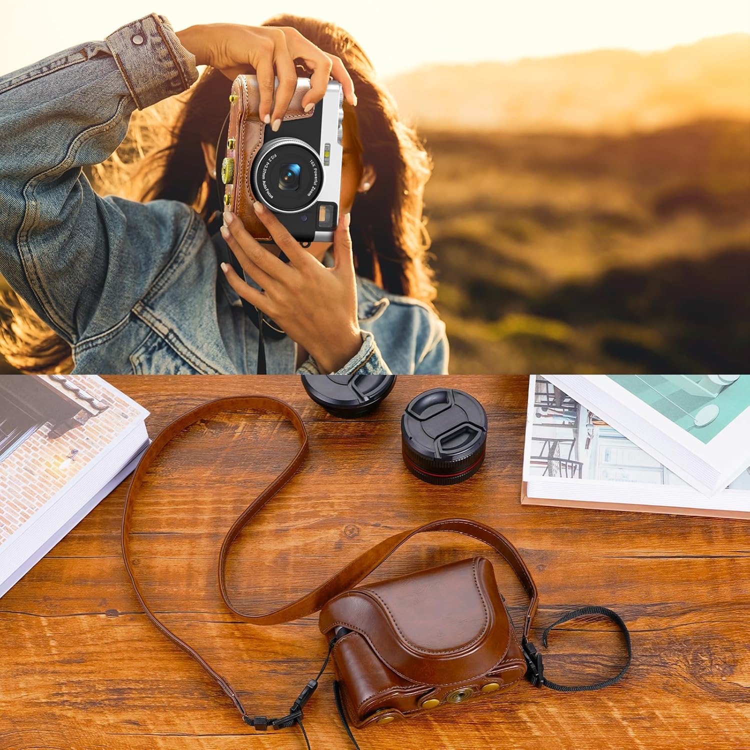 Ahlirmoy Paquete de accesorios para cámara digital DC202 avanzada compartimento de batería de carga rápida y funda de cuero marrón premium  Perfecto