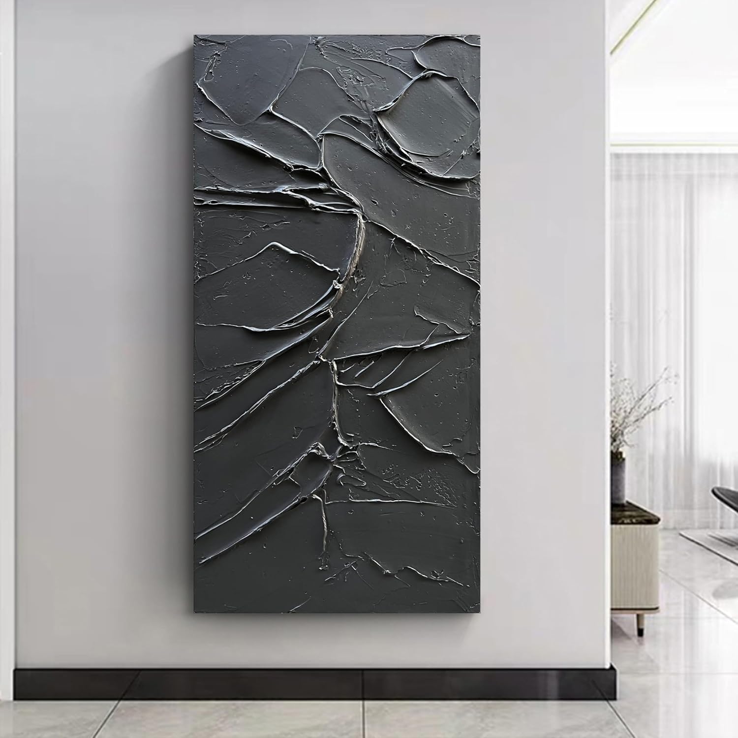 NANKAI Arte pintado a mano en lienzo negro para la pared, 48 x 24 pulgadas, pintura al óleo moderna abstracta moderna contemporánea, arte de pared