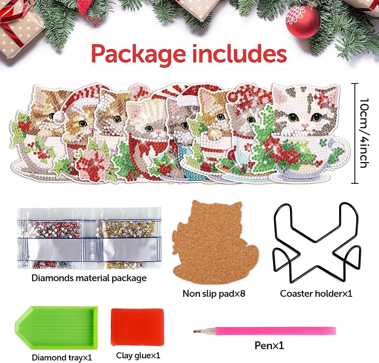 Juego de 8 posavasos de Navidad con diseño de diamantes para gatos con soporte para taza de Navidad, posavasos de arte de diamantes con bases de