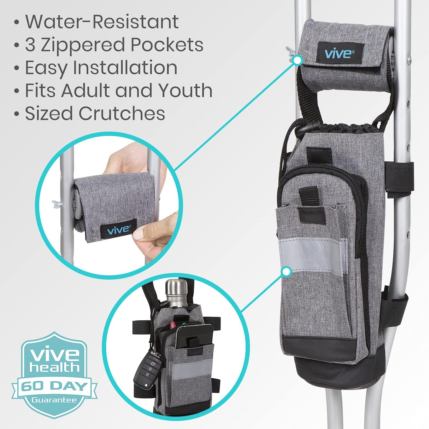 Vive Bolsa de accesorios para muletas y cojines de agarre de mano, bolsa premium resistente al agua para muletas, con soporte para bebidas, 3