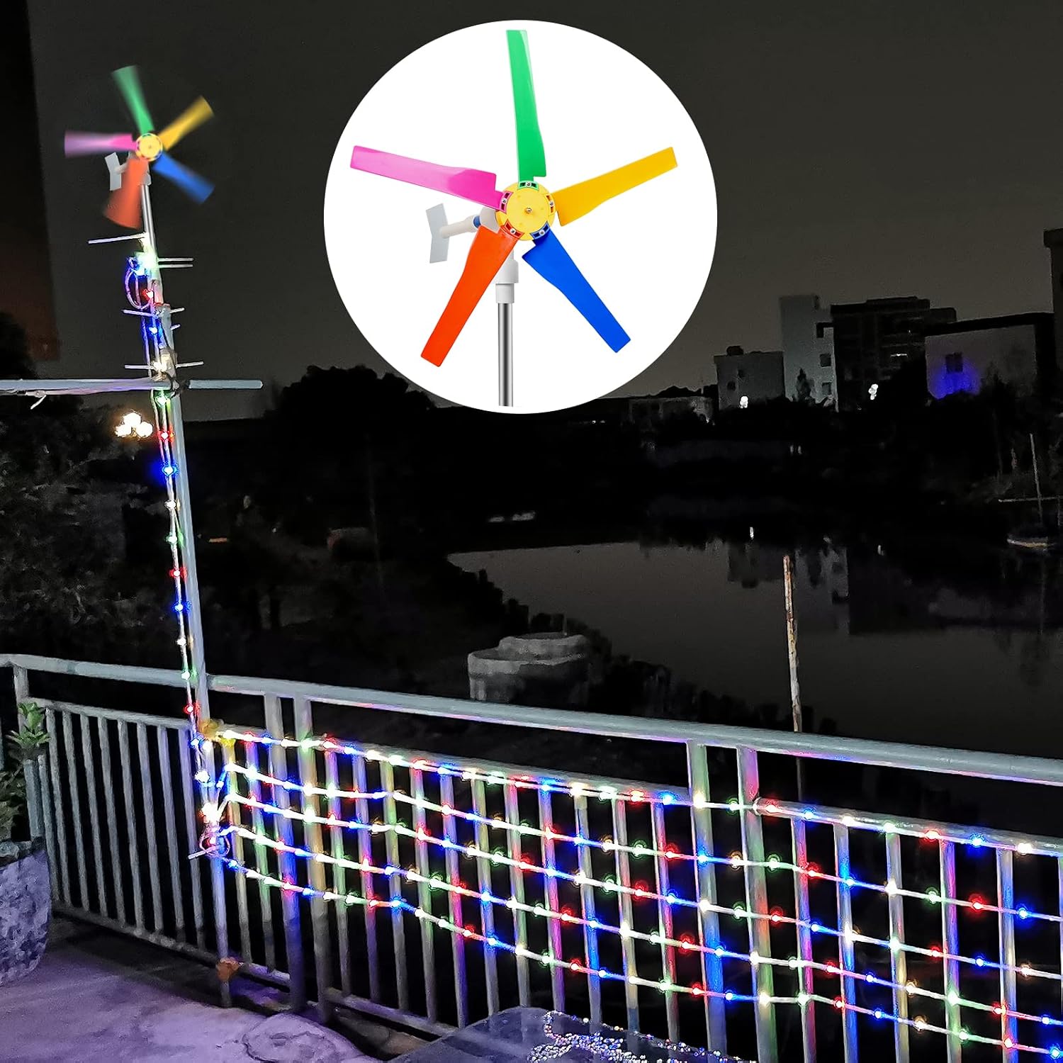 Molino de viento de paletas meteorológicas que incluye lámpara colorida para decorar el patio y el jardín