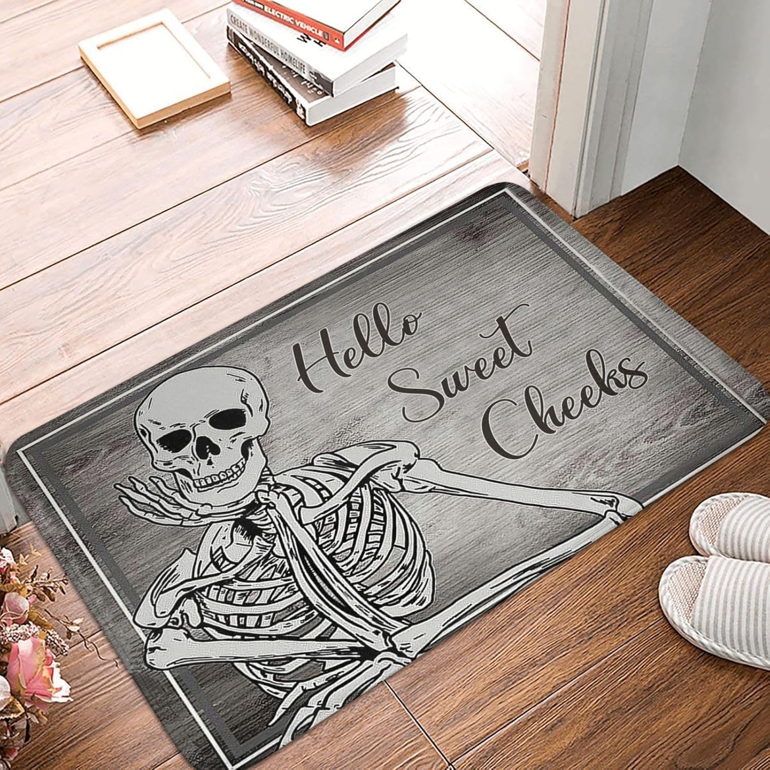 Tapete de baño de esqueleto con diseño de calavera y sonrisa gris, antideslizante, de secado rápido, lavable, para Halloween, ducha, para baño,