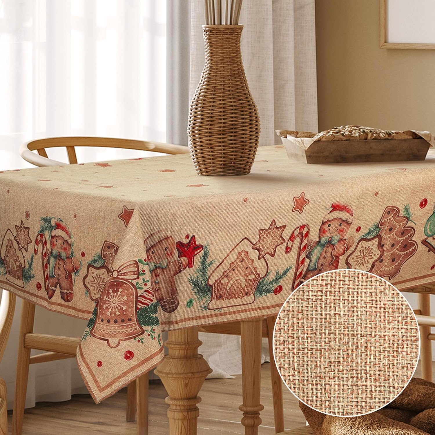 Ganeen Mantel de arpillera de Navidad natural rústico de 52 x 70 pulgadas, mantel rectangular de arpillera marrón de yute para fiesta de invierno,