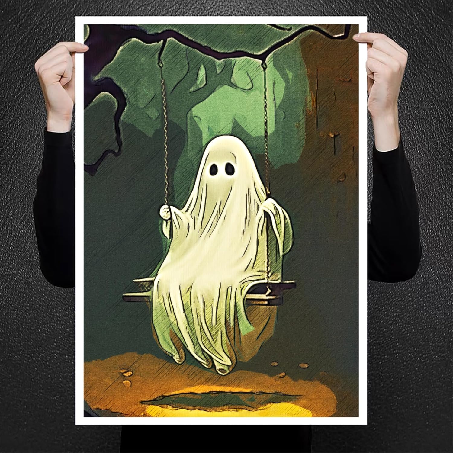 Lienzo decorativo para pared de fantasma, divertido póster de fantasma en columpio de bosque, impresión artística de Halloween (18 x 12 pulgadas,
