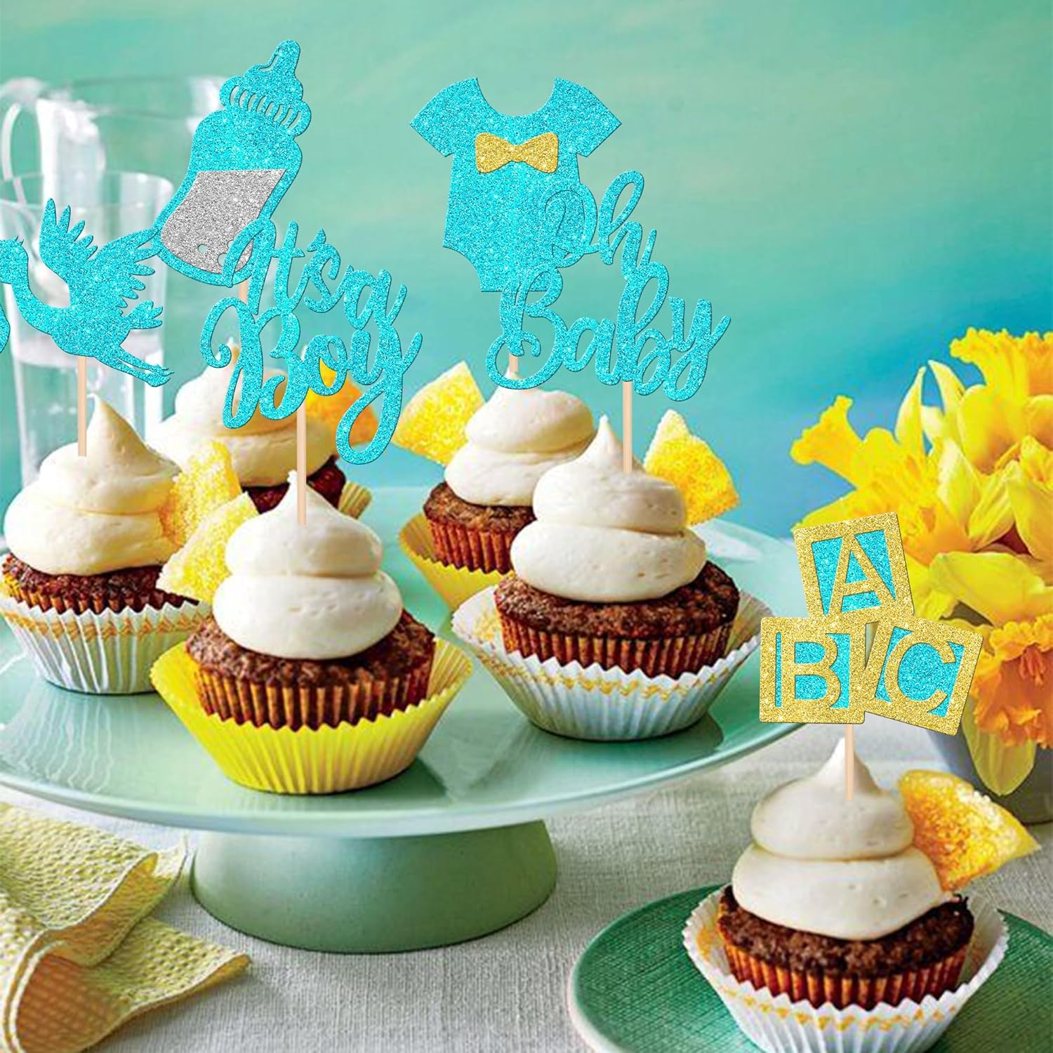30 piezas de decoración para cupcakes “It’s a Boy” con purpurina para cupcakes con purpurina, para biberón, decoración para revelación de género,