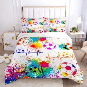 Brloote Juego de ropa de cama de pelota de fútbol con fundas de almohada a juego, tamaño individual, funda de edredón con temática deportiva de Brloote Juego de ropa de cama de pelota de fútbol con fundas de almohada a juego, tamaño individual, funda de edredón con temática deportiva de
