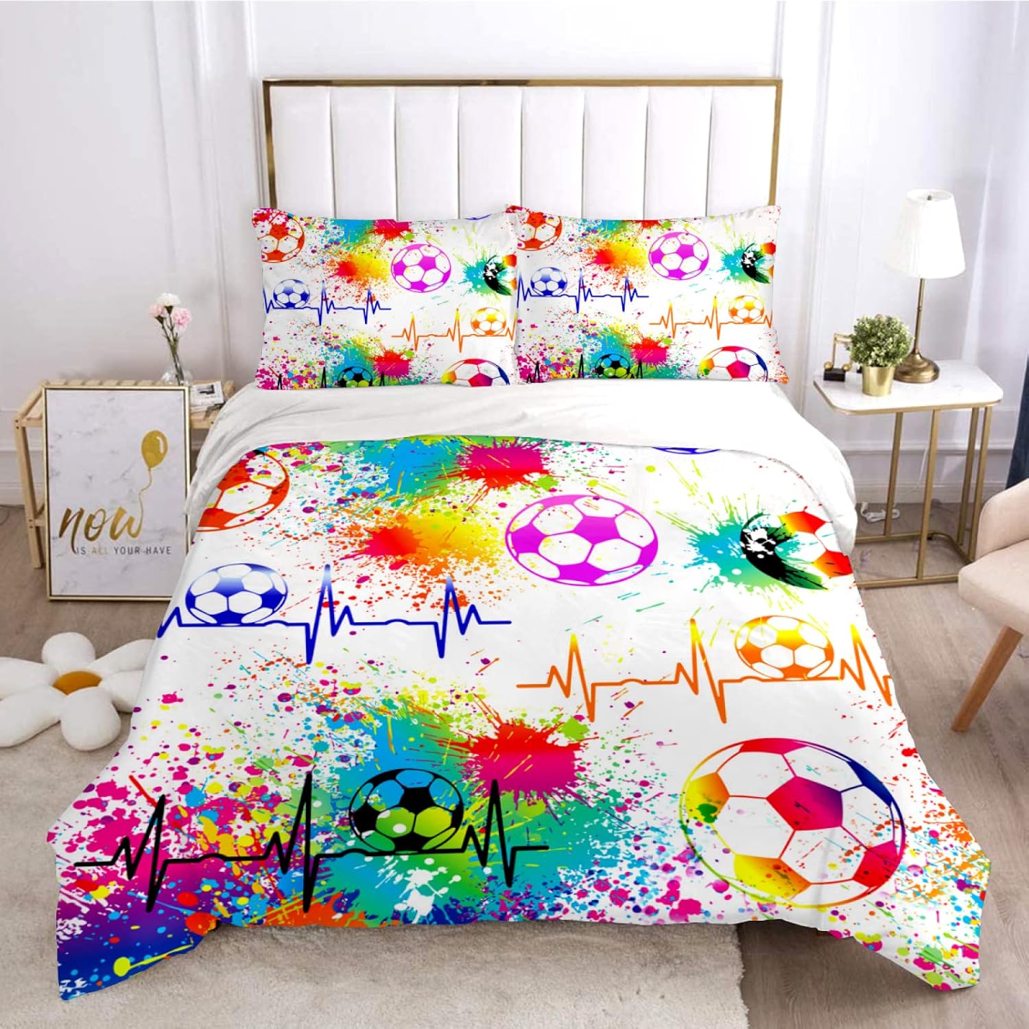 Brloote Juego de ropa de cama de pelota de fútbol con fundas de almohada a juego, tamaño individual, funda de edredón con temática deportiva de