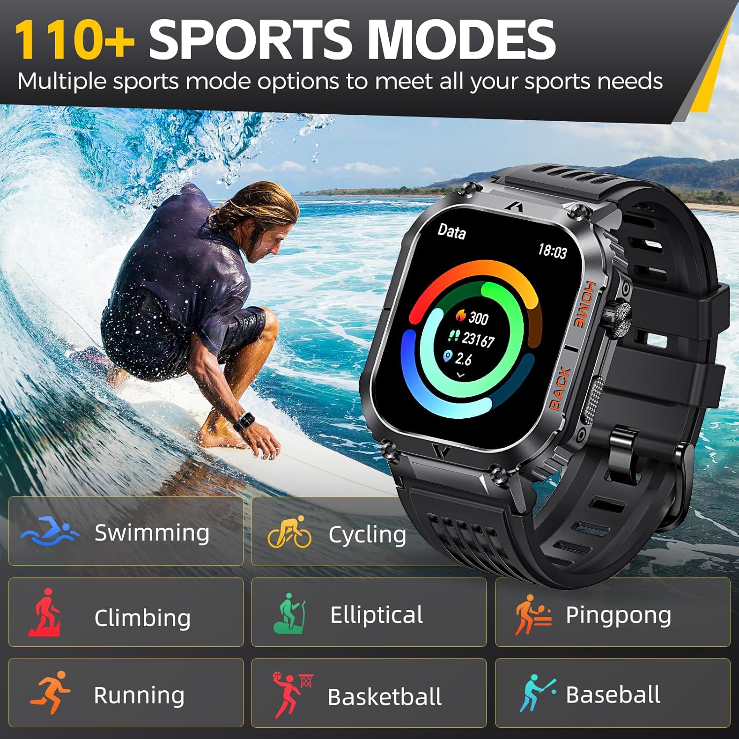 Reloj inteligente militar para hombre, resistente al agua, 5 ATM, con llamada, 2.02 pulgadas, pantalla grande, resistente al aire libre, reloj