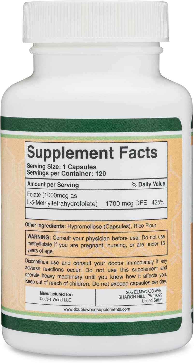 Metilfolato 1,000 mcg, 120 cápsulas (fabricación de suplementos de folato de metilo en los Estados Unidos) El folato metilado es una forma más
