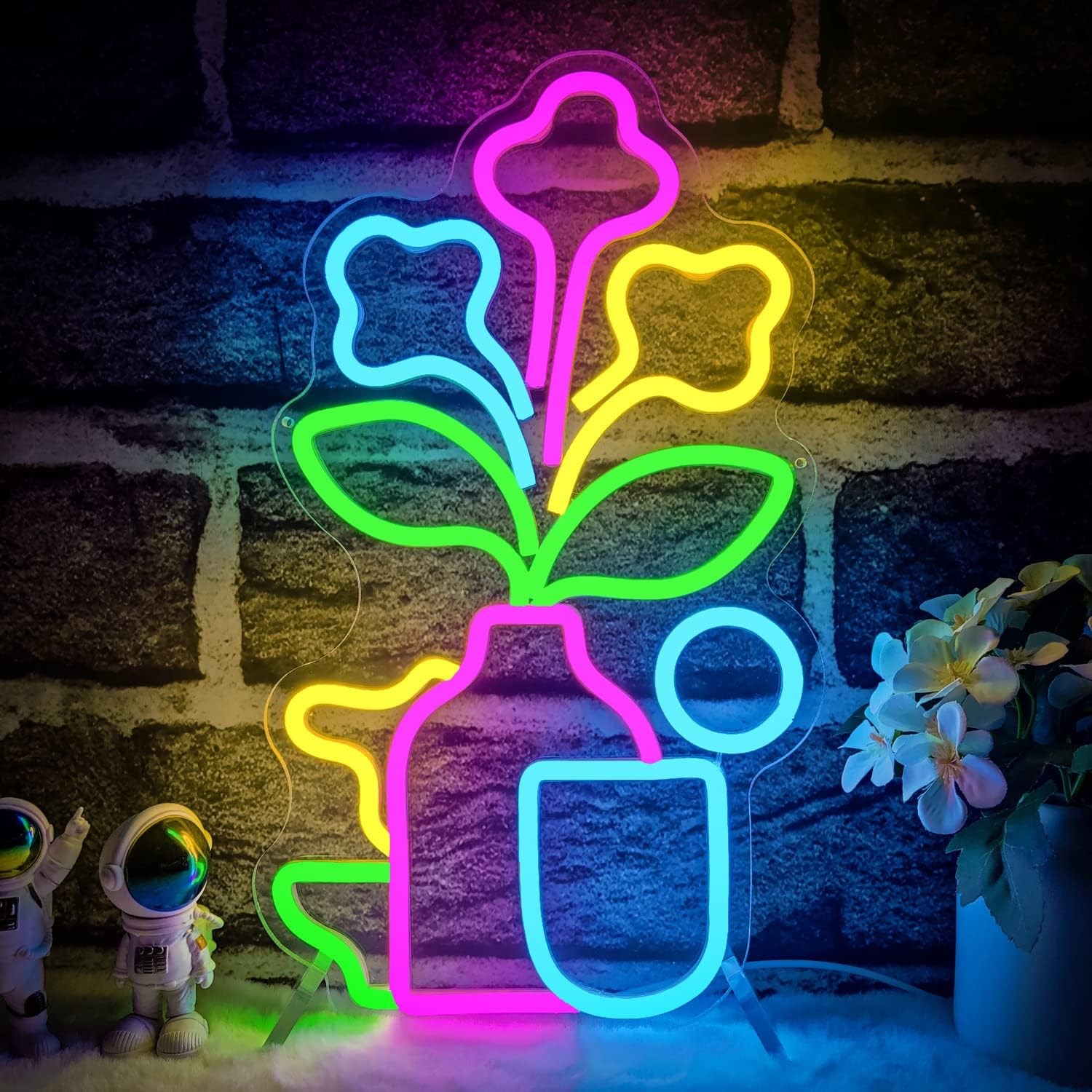 Letrero de neón de flores regulables, letreros de luces de neón para pared, multicolor, con forma de flor, letreros LED para plantas, letreros de