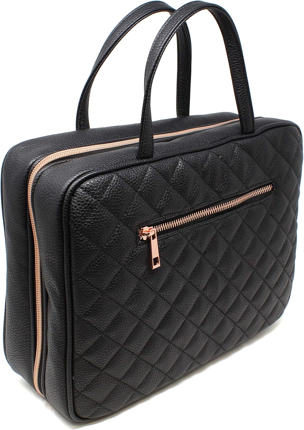 Neceser de viaje de cuero para mujer, tamaño cosmético grande con 4 bolsillos, herrajes de oro rosa e interior satinado, negro acolchado