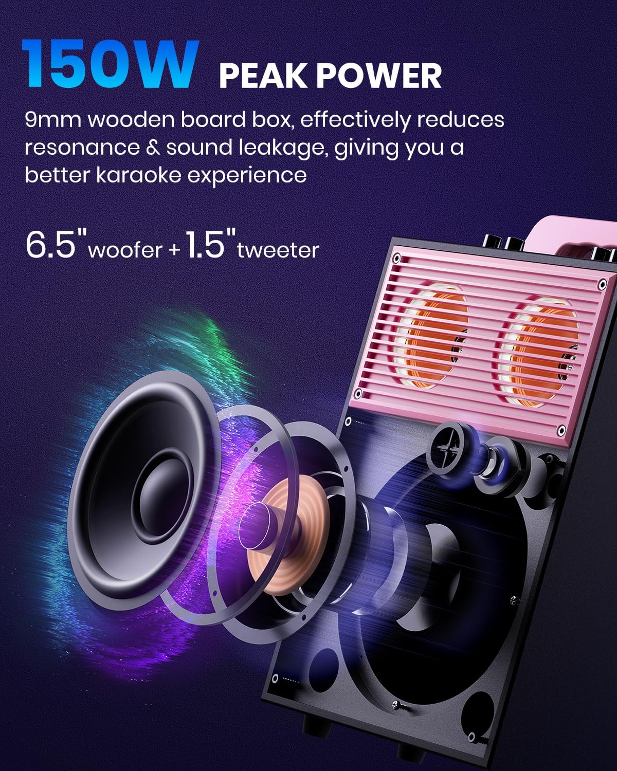 Moukey Máquina de karaoke para adultos y niños, sistema PA portátil, altavoz Bluetooth para fiesta con 2 micrófonos inalámbricos y luz de disco