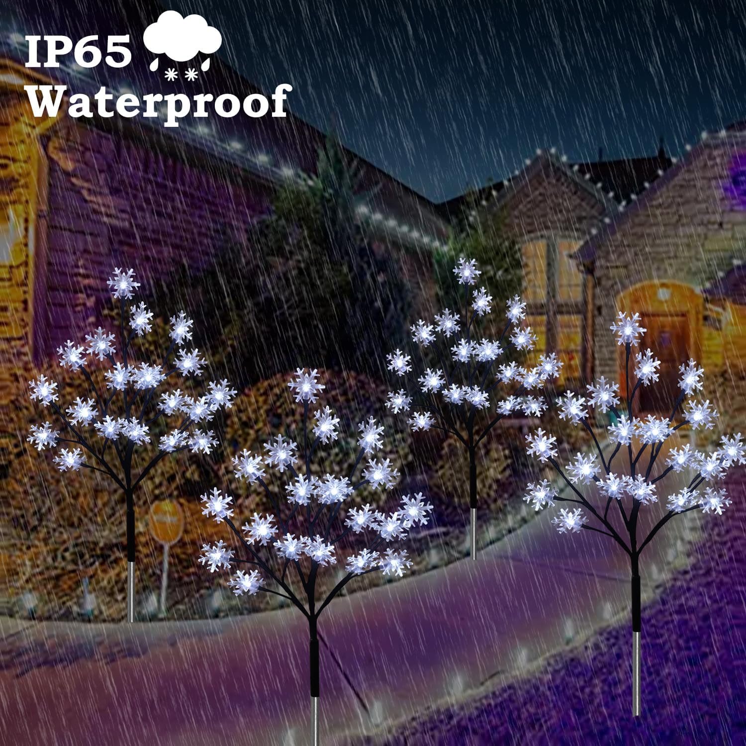 Paquete de 4 luces solares de 80 luces LED de copo de nieve de Navidad, 8 modos de luces solares de copo de nieve al aire libre, luces solares