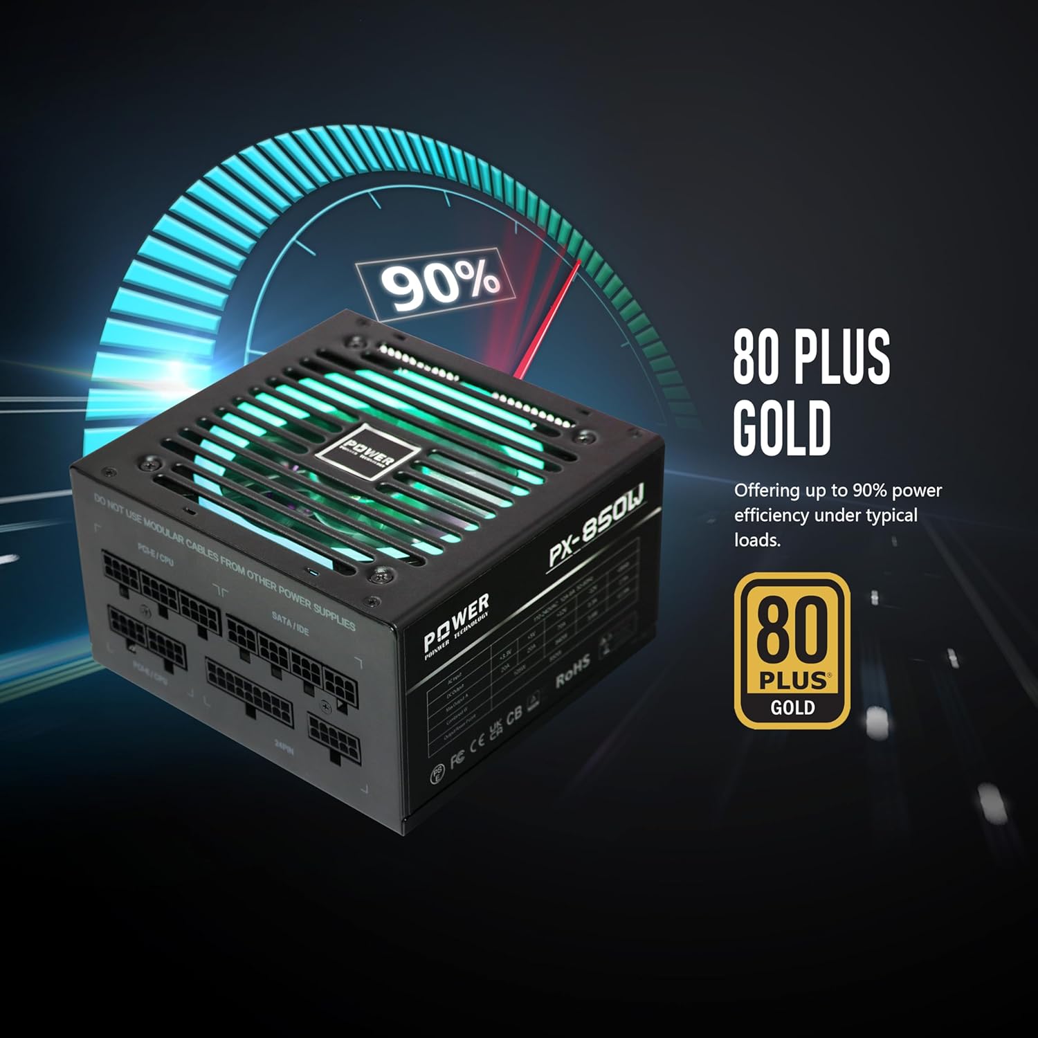 POINWER Fuente de alimentación de 850 vatios 80 Plus Gold – Ventilador silencioso RGB de 4.7 in, PFC activo, condensador de 221.0 F – PSU de alto