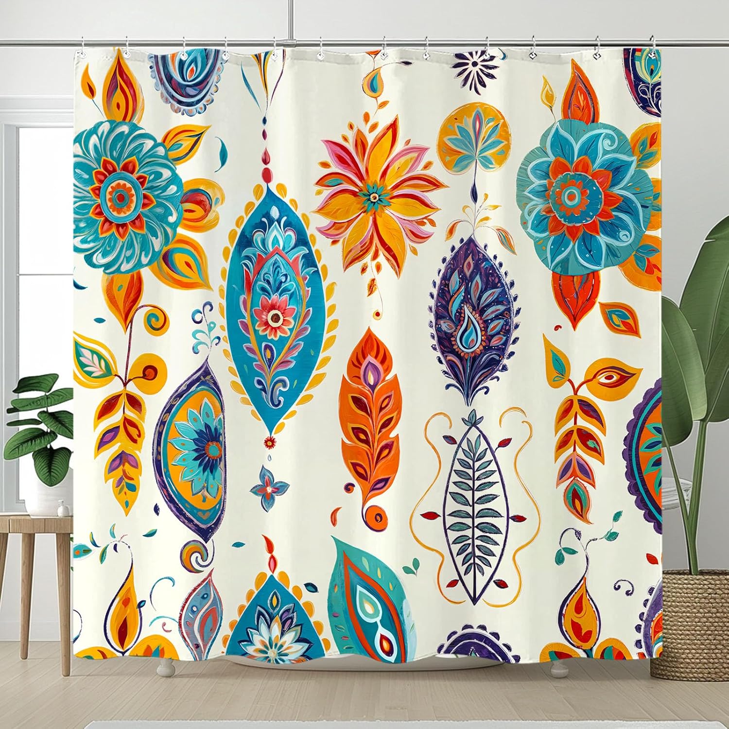 Cortina de ducha de flores, bonita cortina de ducha floral, decoración botánica, juego de cortina de ducha de tela con 12 ganchos
