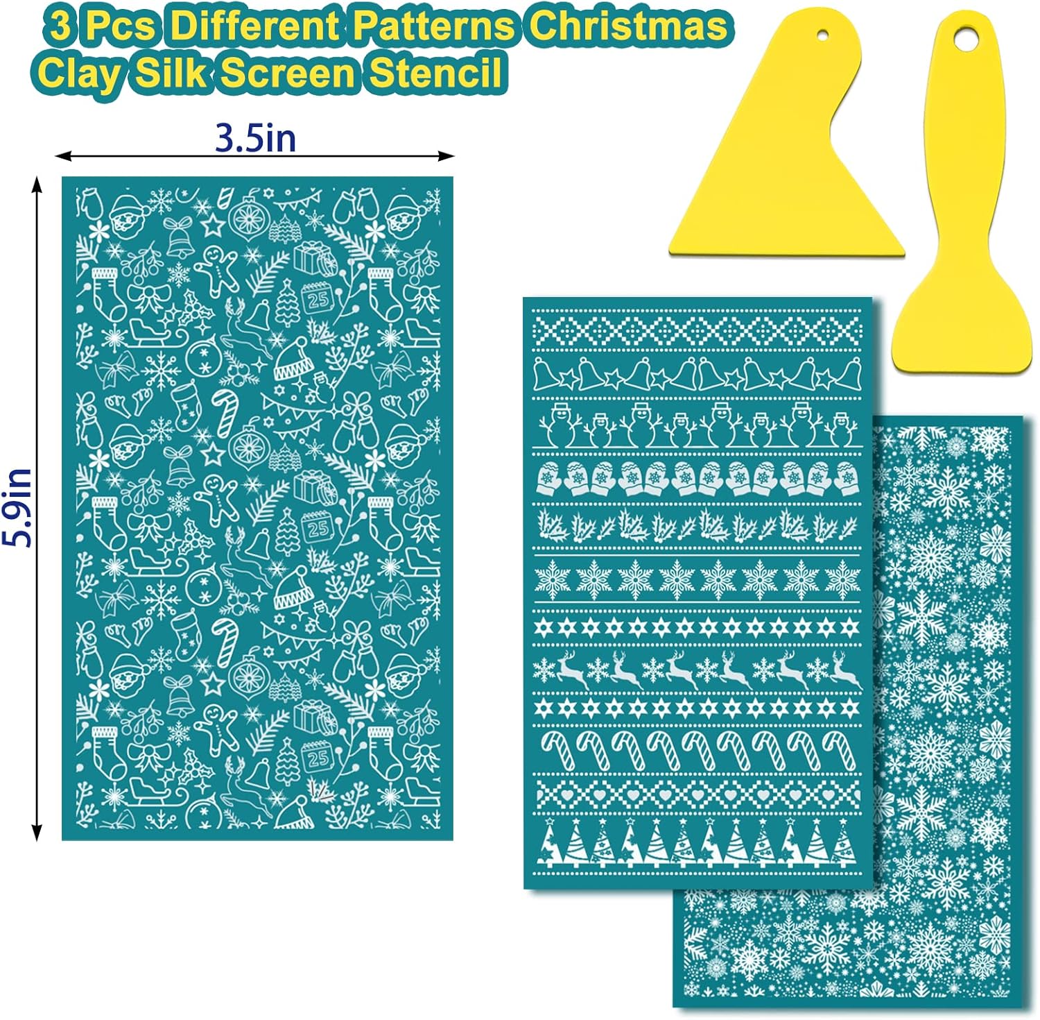 BUSOHA Plantillas de pantalla de seda de Navidad para arcilla polimérica, 3 pantallas de seda reutilizables con 2 raspadores de arcilla para