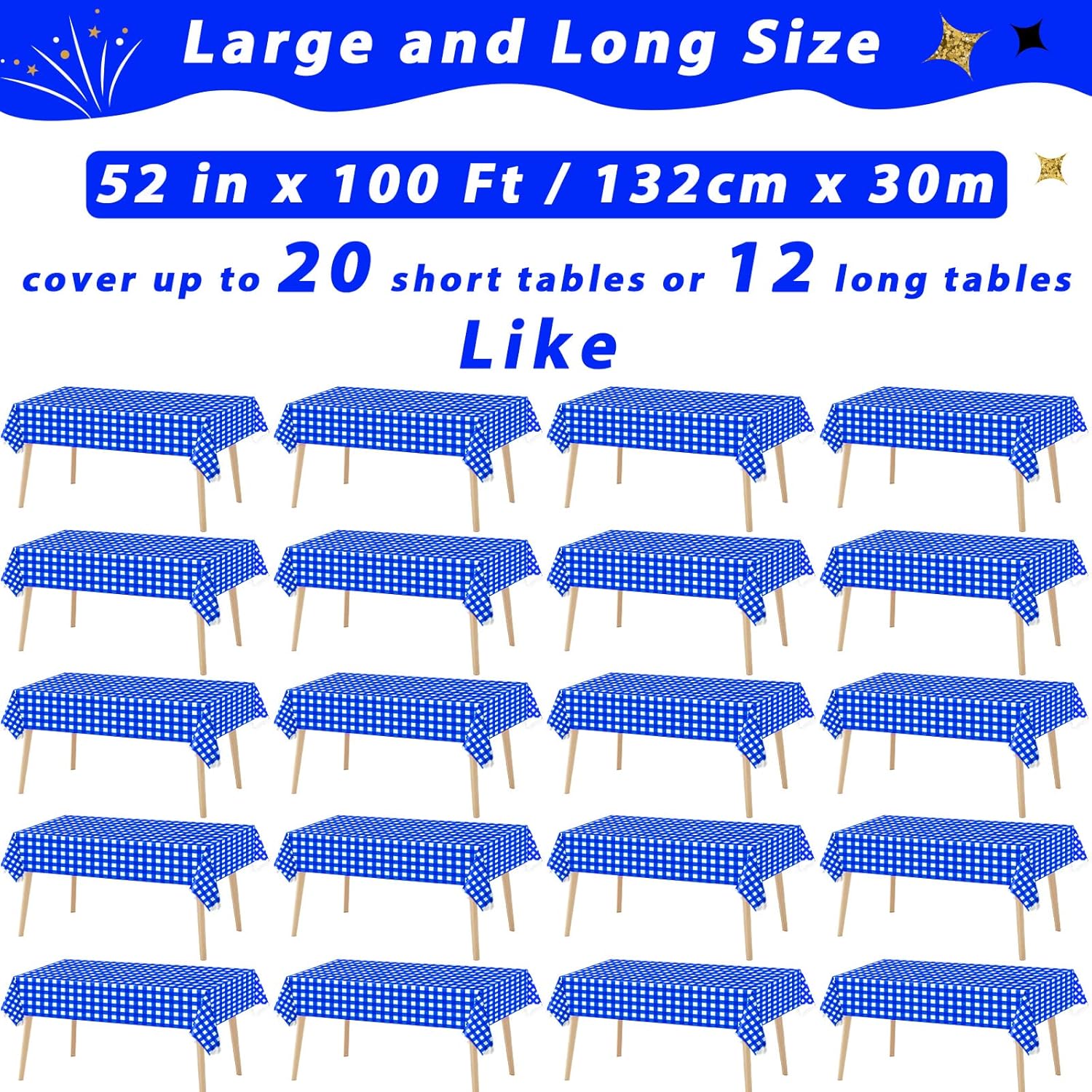 Blue Gingham Checkered Tablecloth Roll 52 in x 100 Ft with Slide Cutter Plastic Table Cloth Roll Blue Gingham Plastic Picnic Party Table Cover for