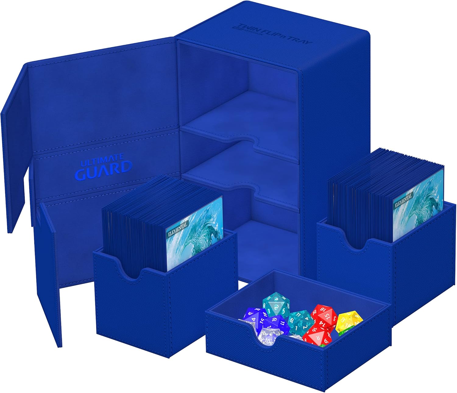 Ultimate Guard Flip ‘n’ Tray – Funda para 160 tarjetas TCG de doble manga + bandeja de dados, color azul, cierre magnético independiente y forro