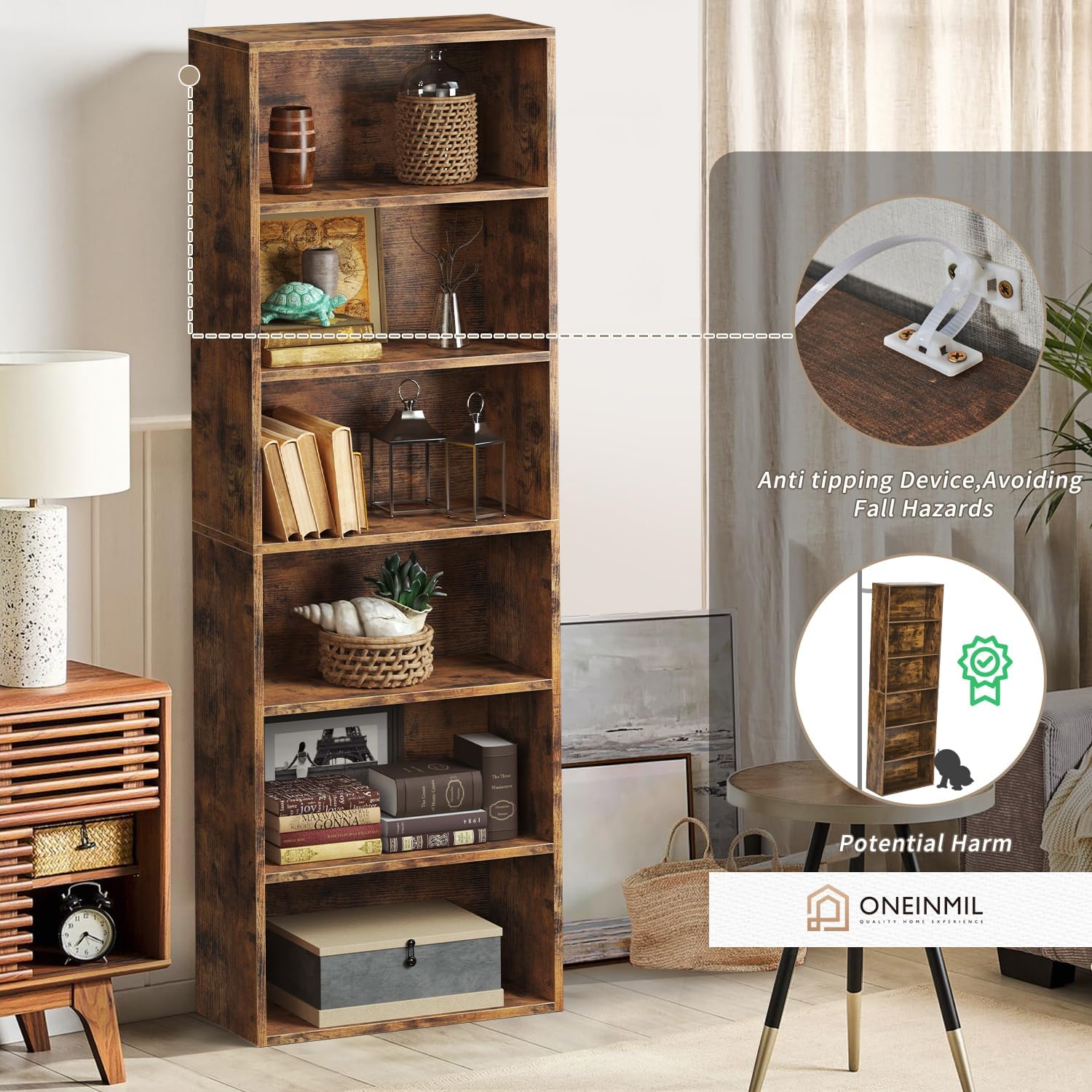 oneinmil Estantería y estantería de 6 niveles, estanterías de madera con puertas de gabinete, estanterías de piso y gabinetes de almacenamiento de