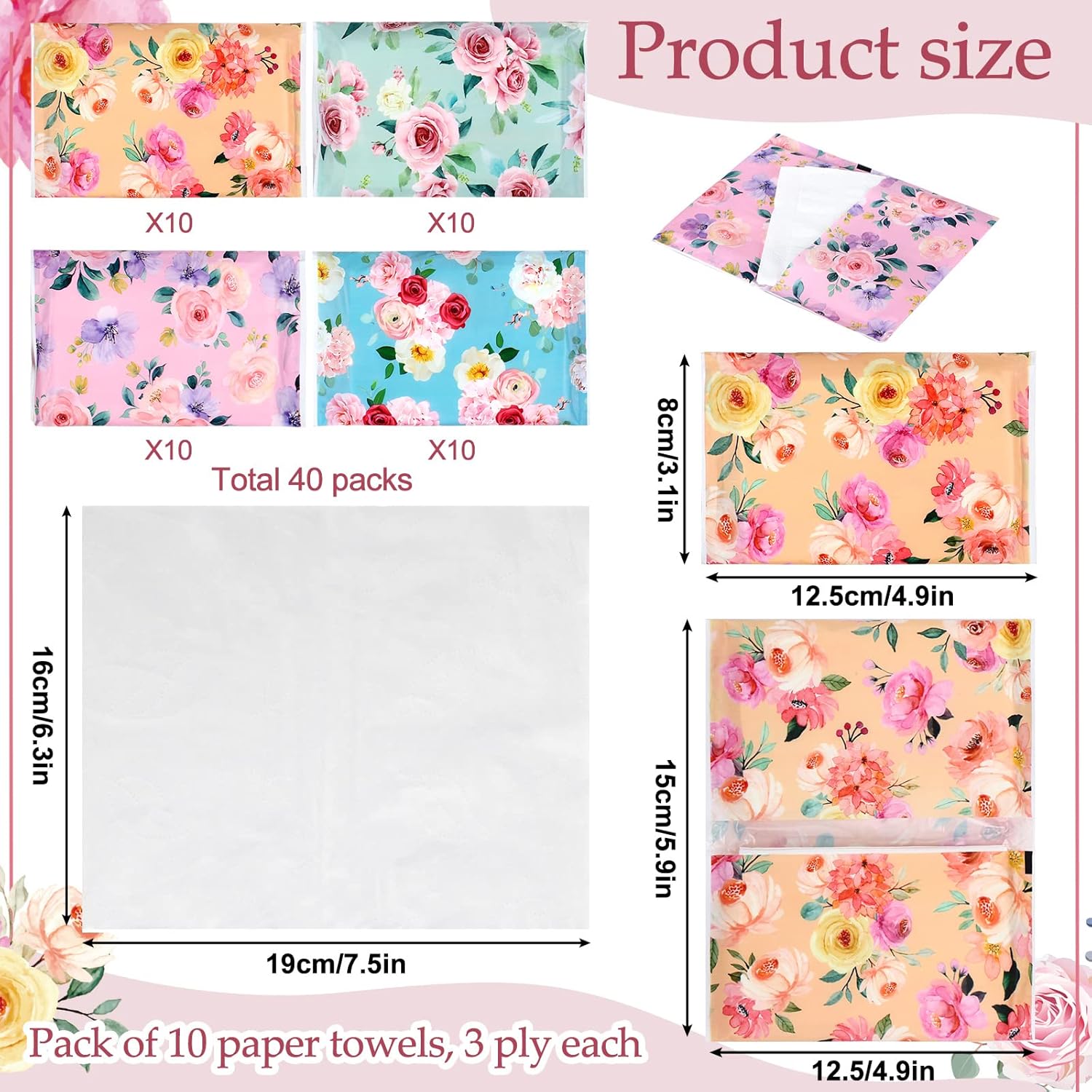 40 pañuelos florales de viaje de 3 capas, paquete delgado de bolsillo para cartera, pañuelos faciales, tamaño de viaje, artículos esenciales de