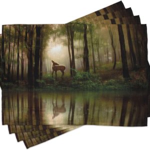 Ambesonne Nature – Juego de 4 manteles individuales de tela lavable para mesa de comedor, tamaño estándar, diseño de ciervos en el bosque con Ambesonne Nature – Juego de 4 manteles individuales de tela lavable para mesa de comedor, tamaño estándar, diseño de ciervos en el bosque con