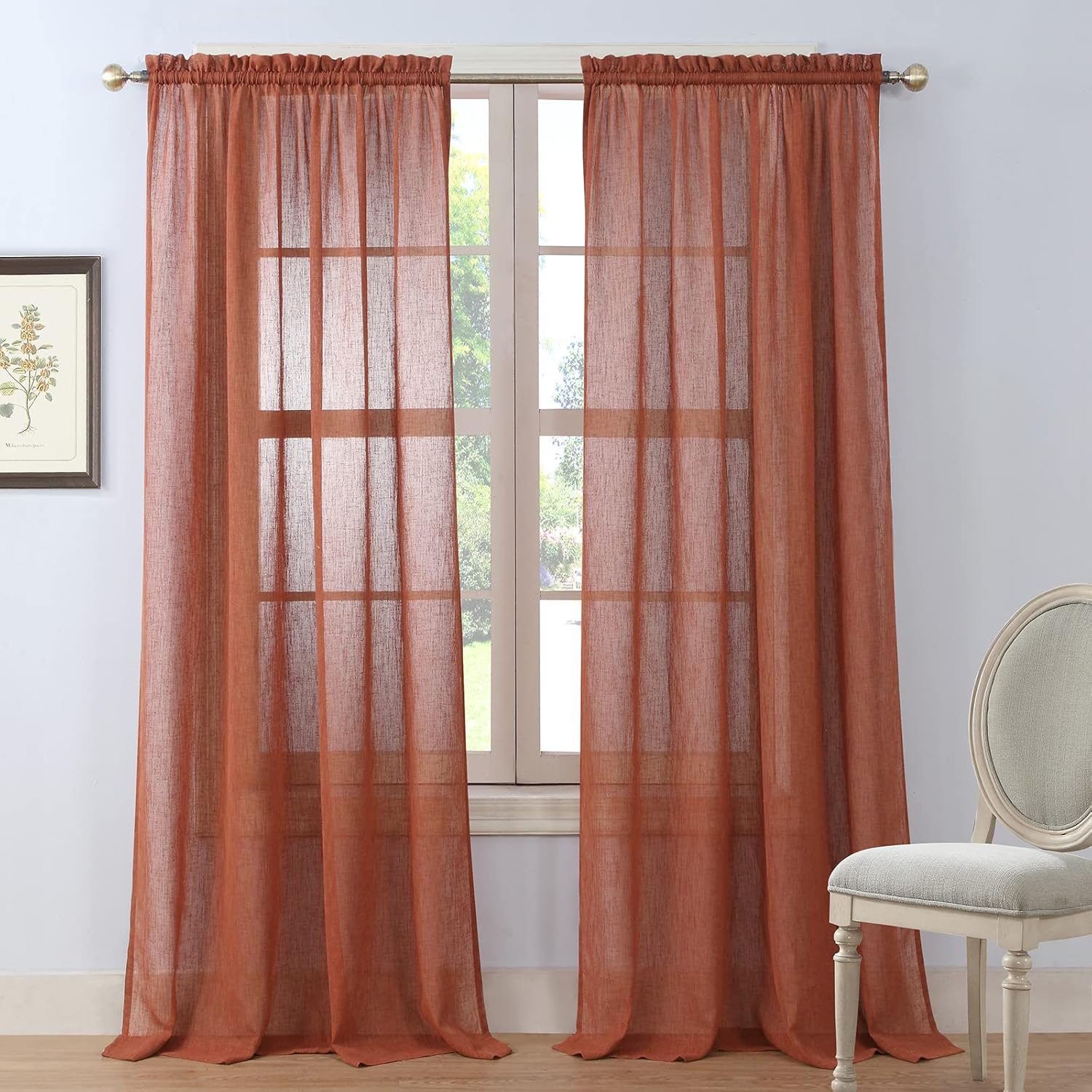 MVSUTA Allyson – Cortina de lino sintético para ventana, dobladillo para barra, color naranja claro natural, 2 pares de paneles de 55 pulgadas de