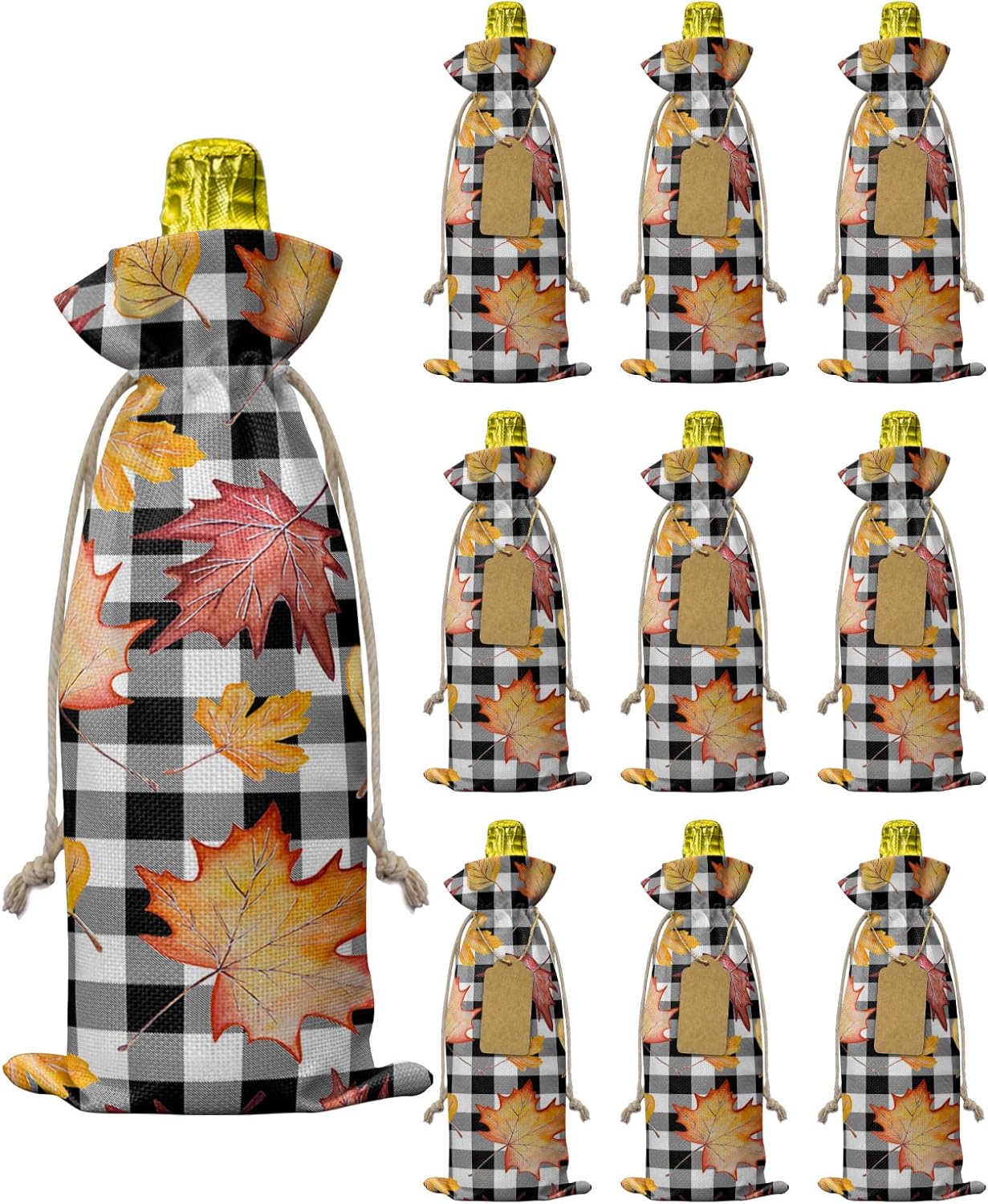 10 bolsas de regalo de vino, Día de Acción de Gracias, acuarela, hojas de arce, estampado de hojas de arce en blanco y negro, bolsas para botellas