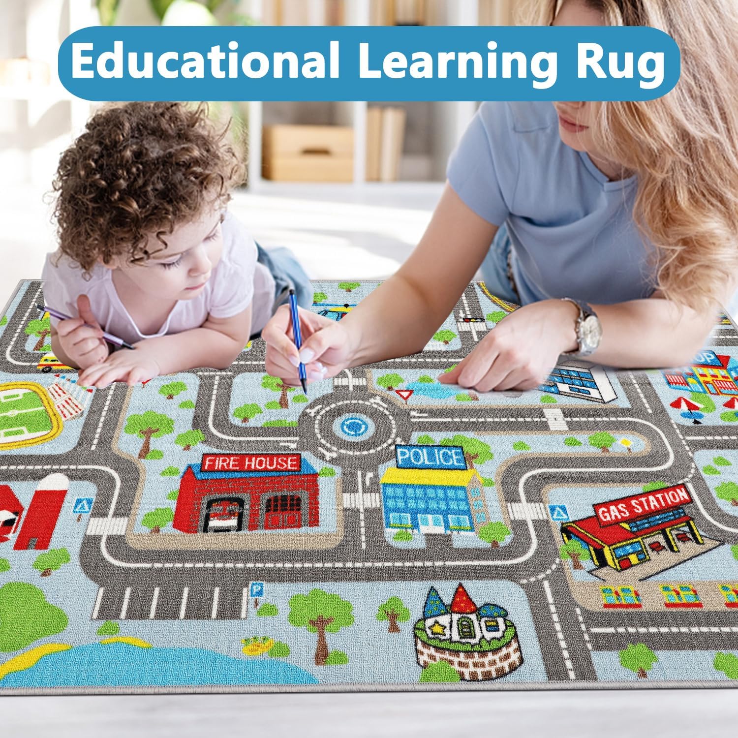 Capslpad Kids Rug Educational Play Rug 5.2’x3.3′ Traffic Road Kids Play Car Mat Large Learning Play Game Area Rug Kids Carpet for Playroom Living