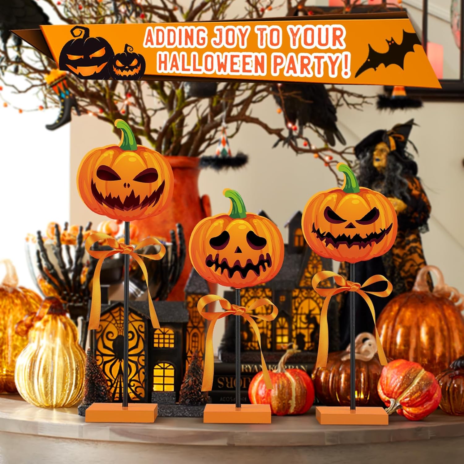 3 piezas de decoración de bandeja escalonada de Halloween, calabaza de madera, decoración de Halloween, letrero aterrador para interiores para
