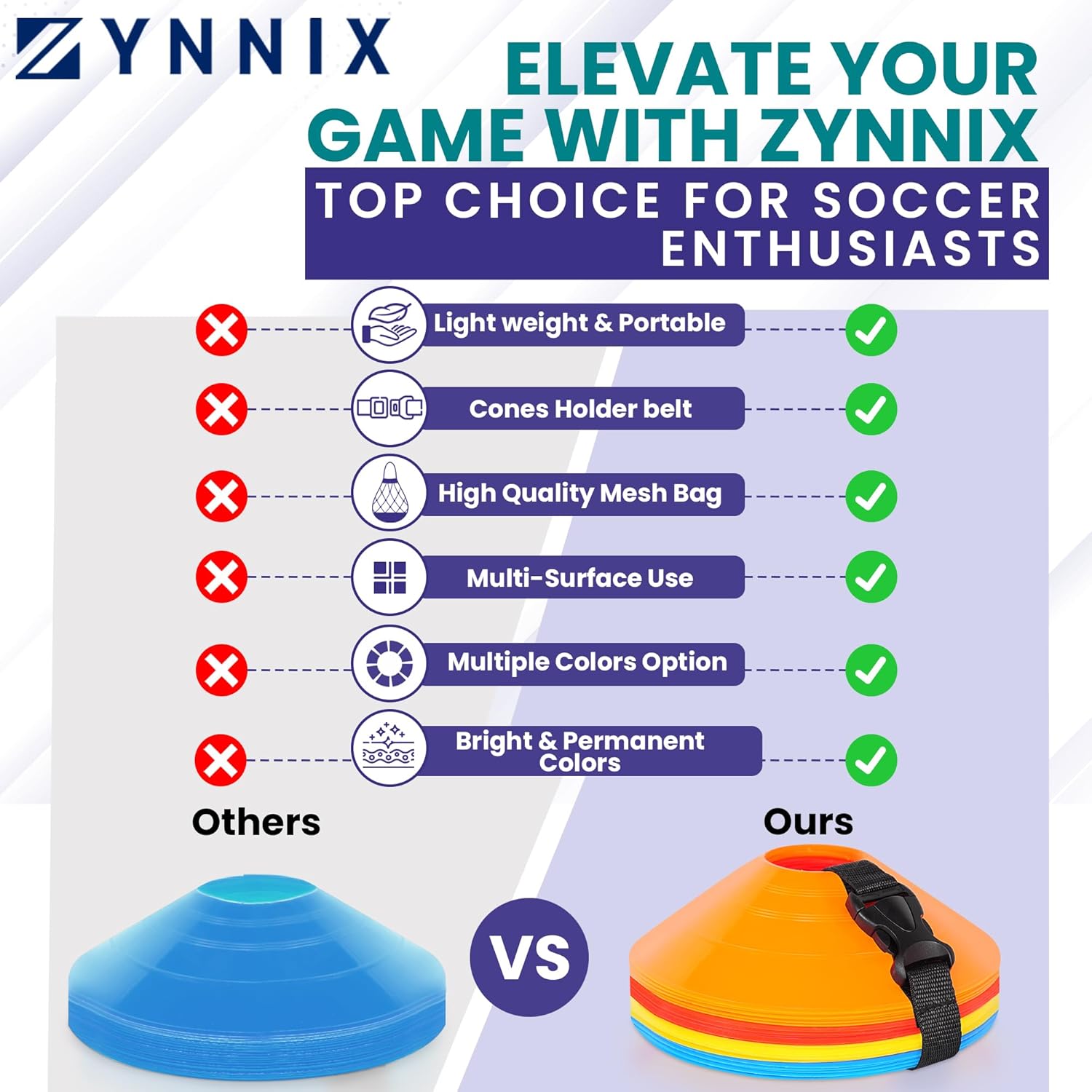 ZYNNIX Conos de fútbol (juego 40, 50) con bolsa de malla y correa, conos deportivos flexibles para fútbol, baloncesto, equipo de entrenamiento de