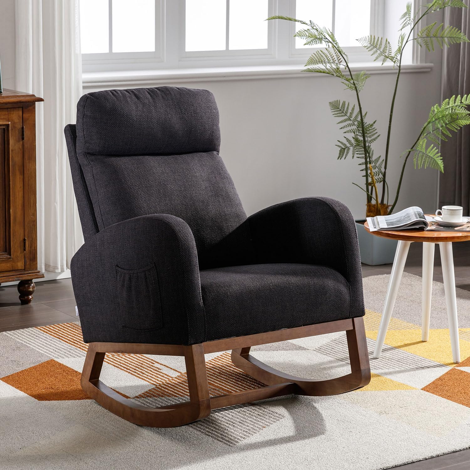 Mecedora moderna, silla mecedora tapizada para bebé, cómoda silla con bolsillo lateral, sillón para sala de estar, respaldo alto con diseño en forma