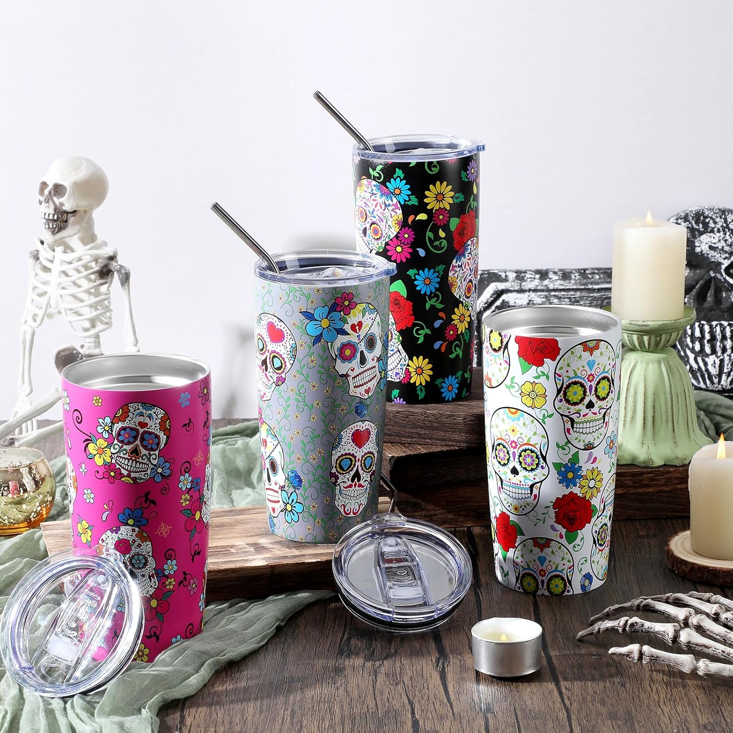 4 vasos de café de calavera de azúcar con tapas y pajitas, tazas de calaveras de 20 onzas, tazas de acero inoxidable con aislamiento al vacío, tazas