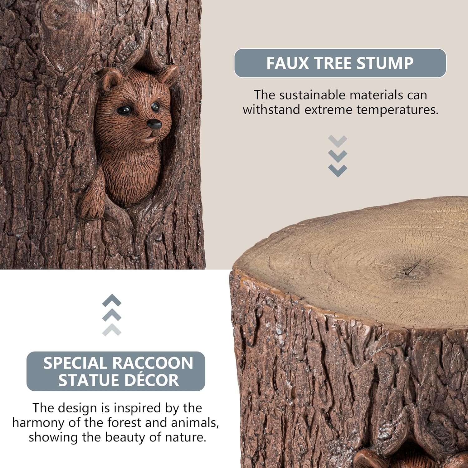 COSIEST Mesa auxiliar para exteriores, madera sintética, taburete de madera pintada a mano con mapache esculpido, mesa decorativa al aire libre,