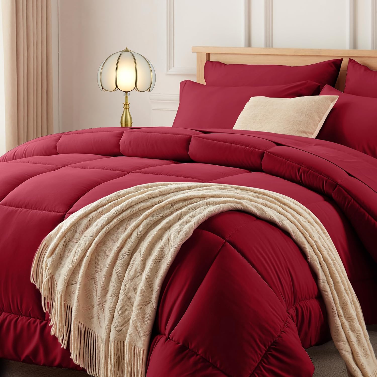 Newspin Cama King en una bolsa – Juego de edredón rojo de 7 piezas, juego de edredón para todas las estaciones con edredón, sábana encimera, sábana