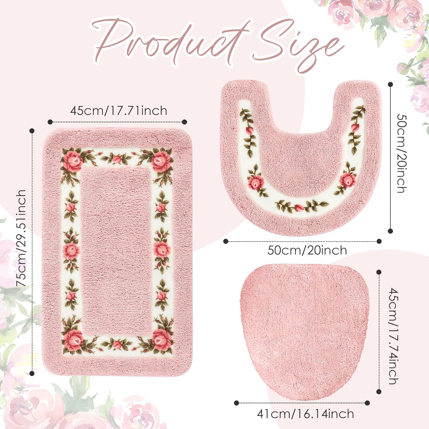 Drydiet Juego de 3 alfombras de baño rosas florales en forma de U, cubierta de tapa de inodoro, antideslizante, absorbente, floral, para hotel,
