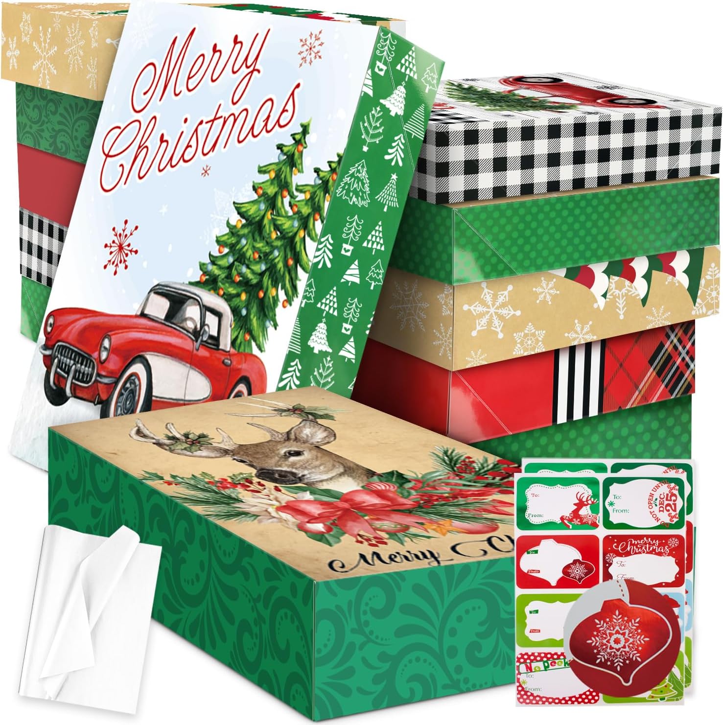 12 cajas de regalo de Navidad extra grandes a granel con tapas, 12 papel de seda y 80 calcomanías de regalo de Navidad para envolver ropa de gran