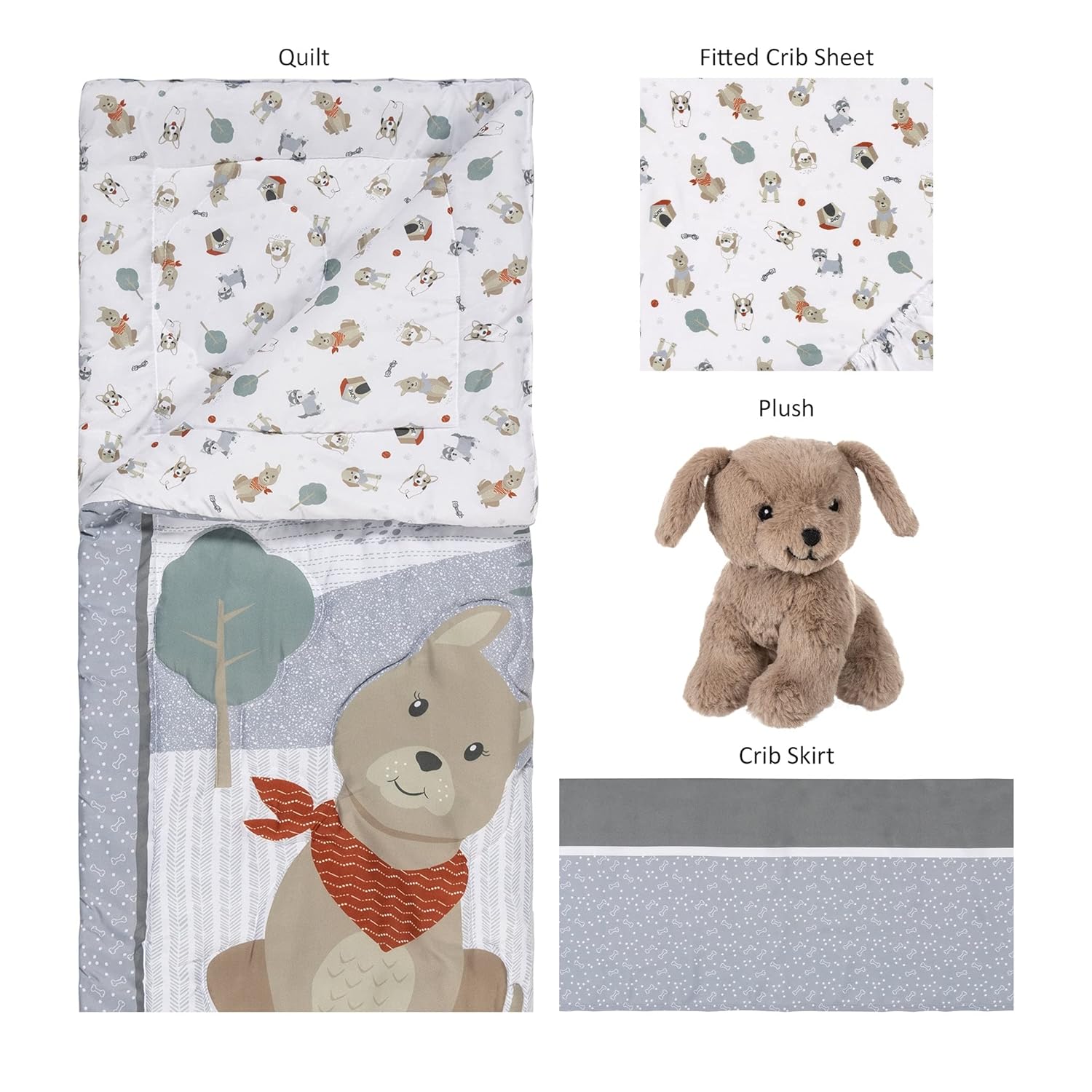 Sammy & Lou Fur-Ever Friends – Juego de ropa de cama para cuna de bebé de 4 piezas, incluye edredón, sábanas bajeras para cuna neutrales, falda de