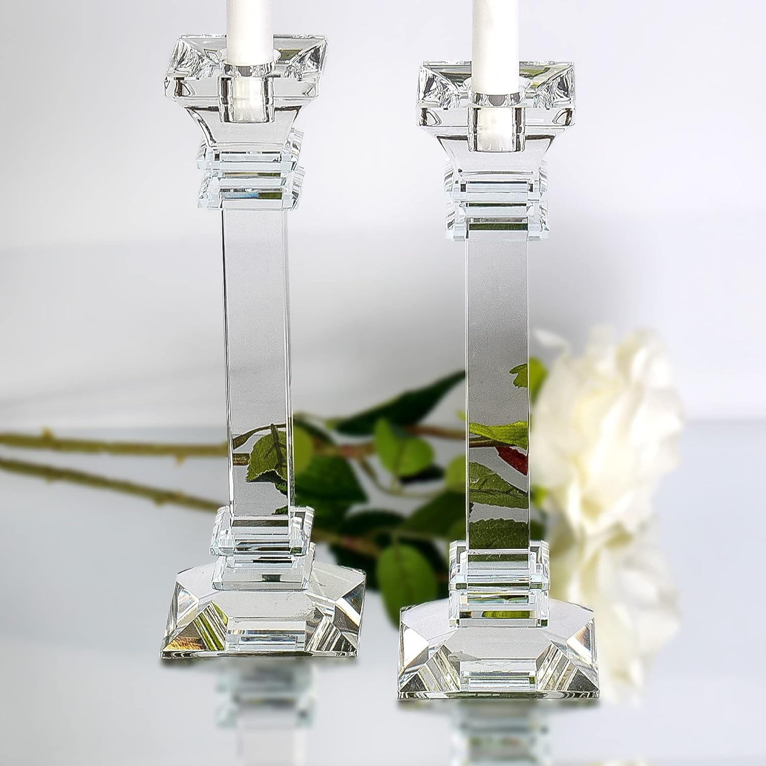 Juego de 2 portavelas de cristal de 11.8 pulgadas de alto, centro de mesa ultra elegante y moderno, decoración del hogar