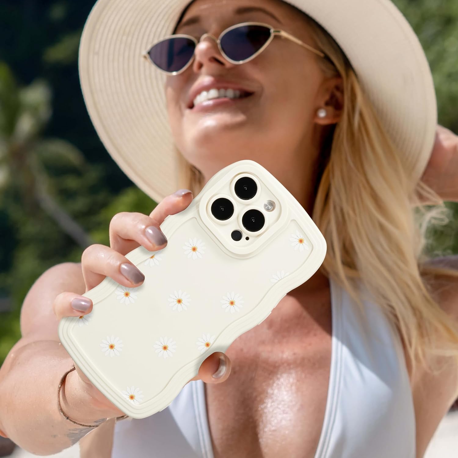 ZTOFERA Funda compatible con iPhone 15 Pro Max, marco único ondulado rizado con patrón de margaritas, silicona líquida suave antihuellas, a prueba