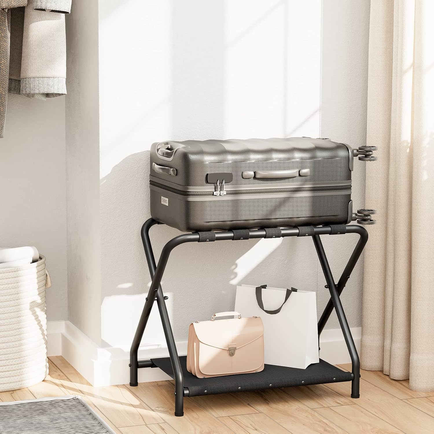 HOOBRO Portaequipajes, soporte plegable para maleta con estante de almacenamiento de tela para habitación de invitados, dormitorio, hotel, soporta