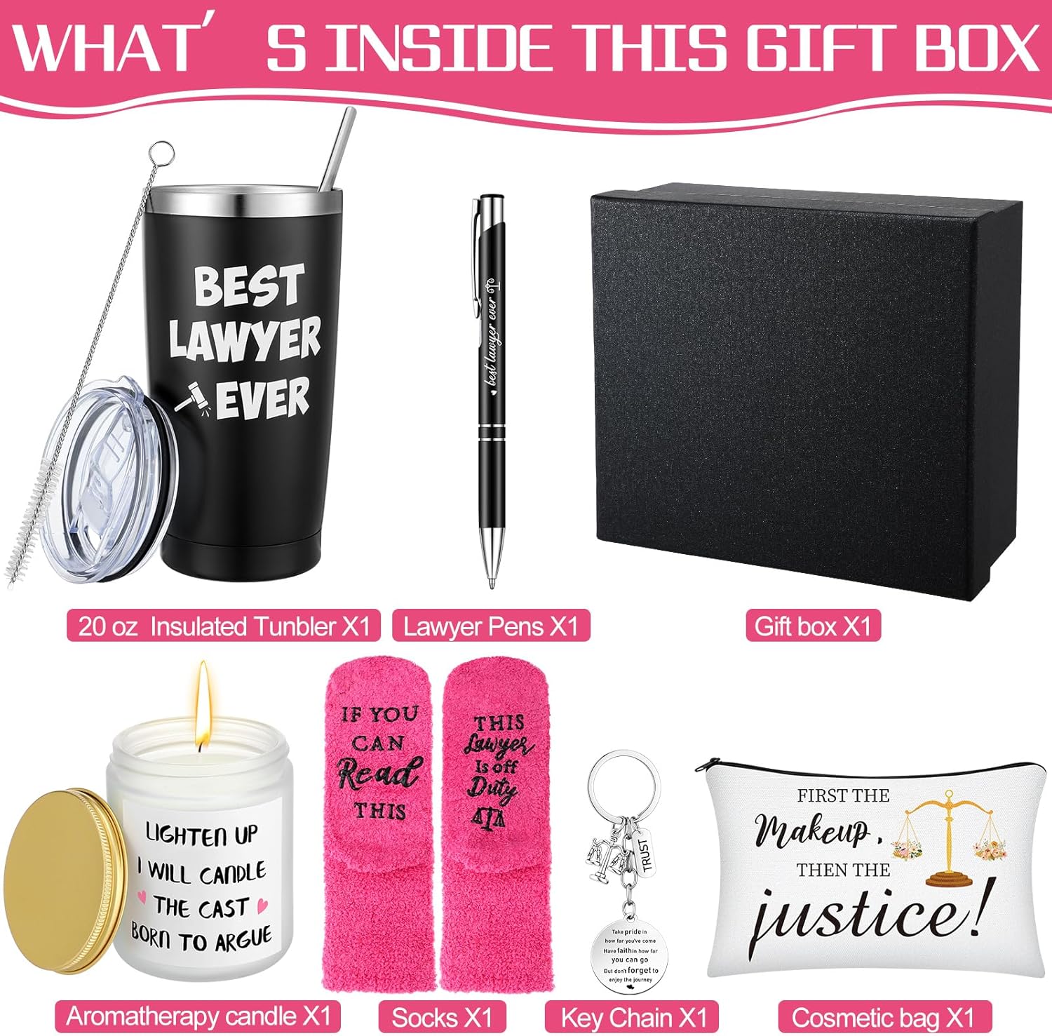 Loetere 7 piezas de regalos de abogados para mujeres, incluyen vaso de café de acero inoxidable de 20 onzas, calcetines de abogado, llavero, velas