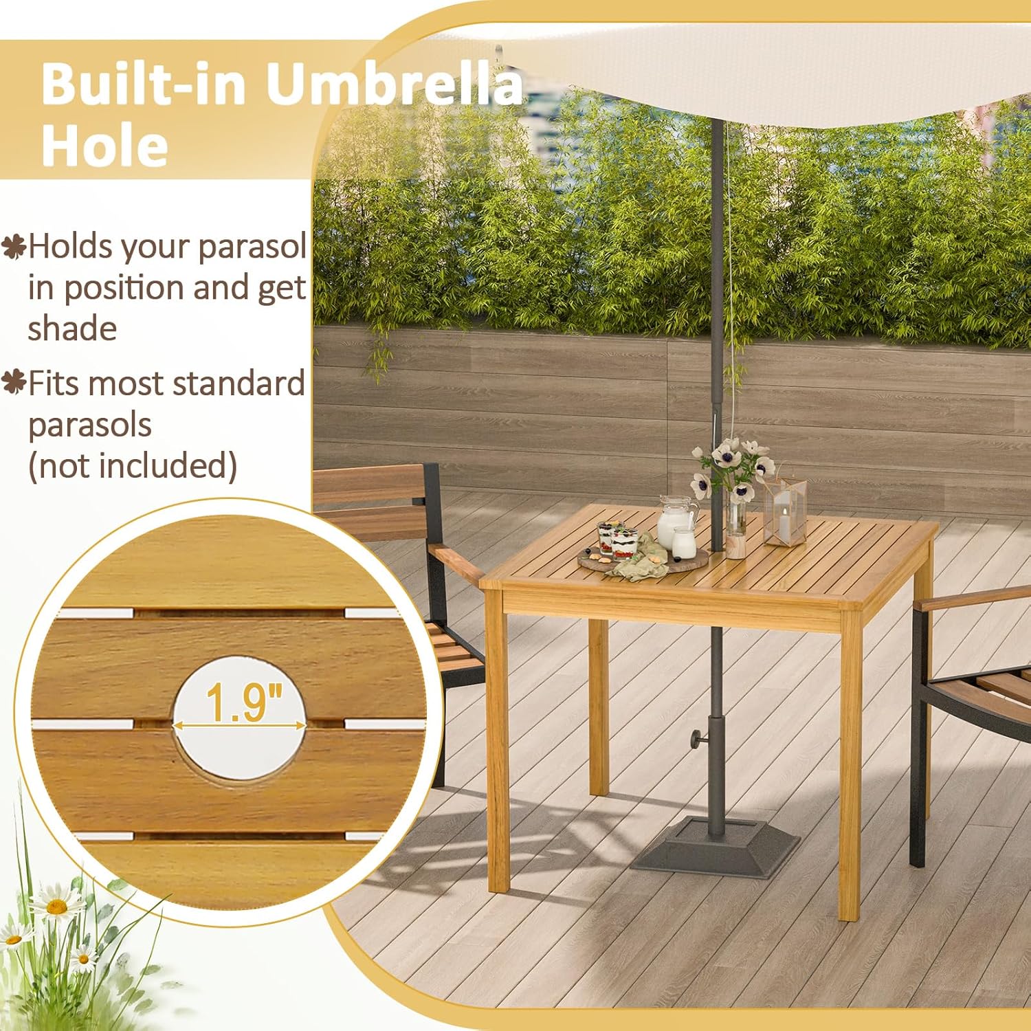 Tangkula Mesa de comedor cuadrada para exteriores, mesa de comedor de madera de acacia para 4 personas con agujero para sombrilla de 1.9 pulgadas,