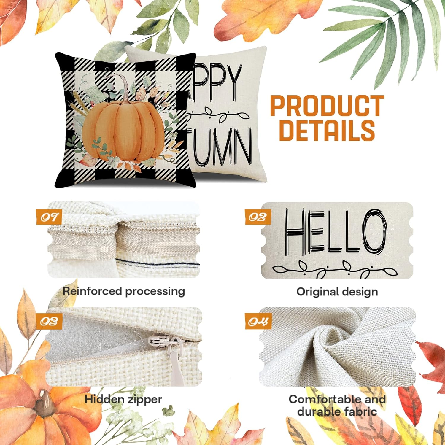Juego de 4 fundas de almohada de otoño de 18 x 18 pulgadas para decoración de otoño, decoración de otoño, calabaza, hoja de arce y Acción de