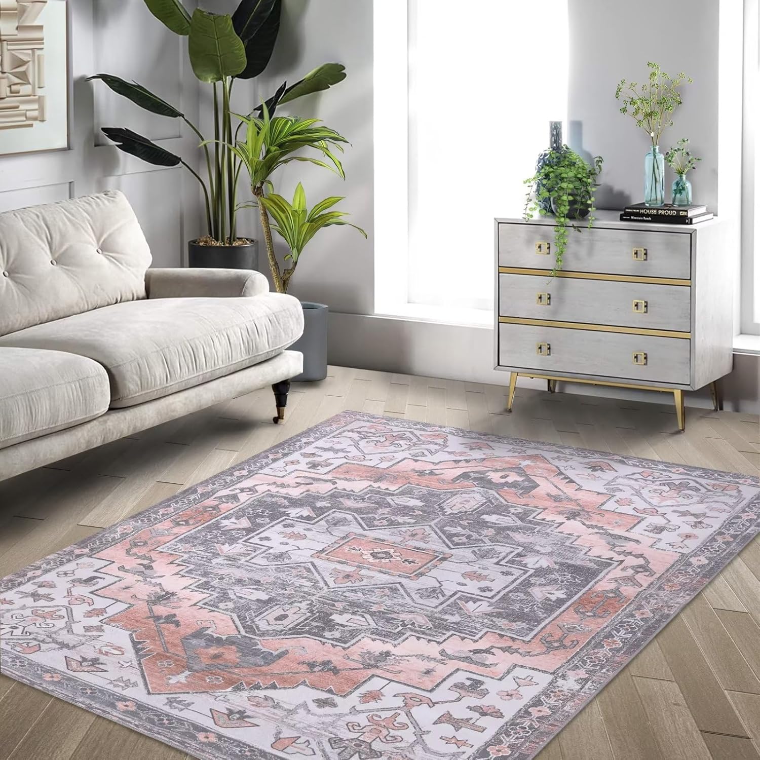 Alfombra bohemia grande de 9 x 12 pulgadas para sala de estar, espacio libre de menos de 100, parte trasera antideslizante, resistente a las