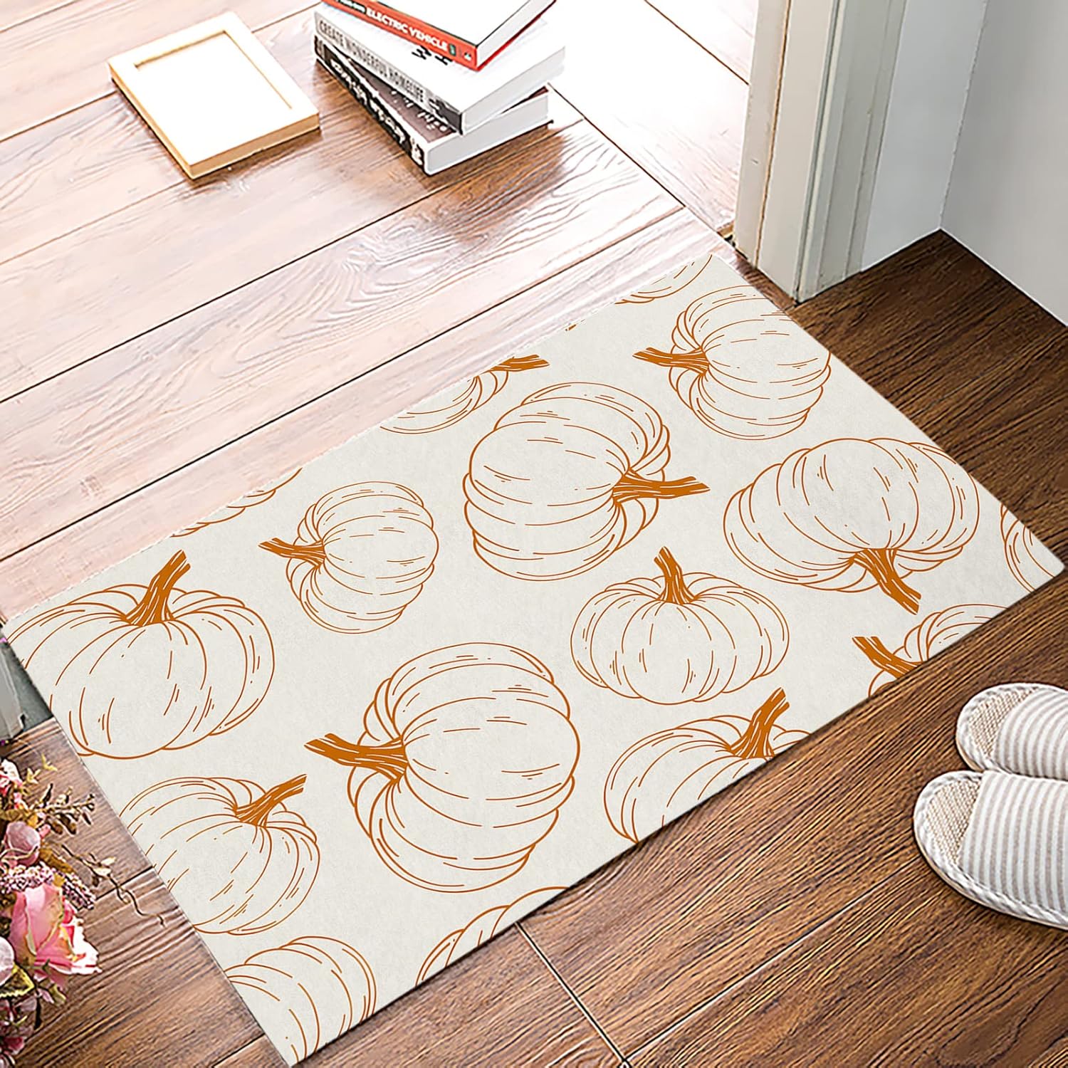 Felpudo para puerta de entrada interior, decoración del hogar, alfombra de Acción de Gracias para cocina, baño, calabaza naranja, arpillera rústica,