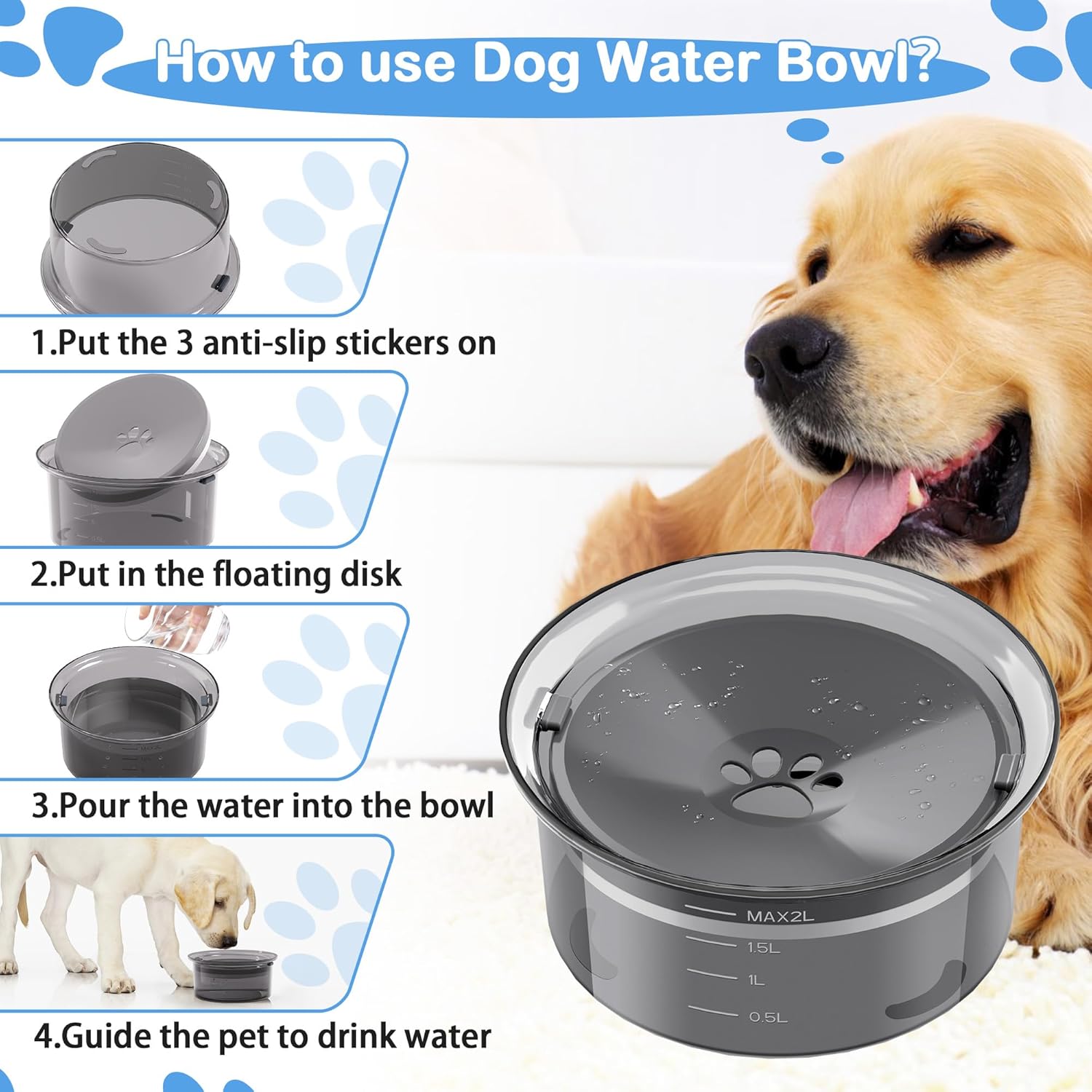 Cuenco de agua para perros de 2 litros de gran capacidad, cuenco para perros grandes, a prueba de salpicaduras, cuenco flotante de agua de viaje