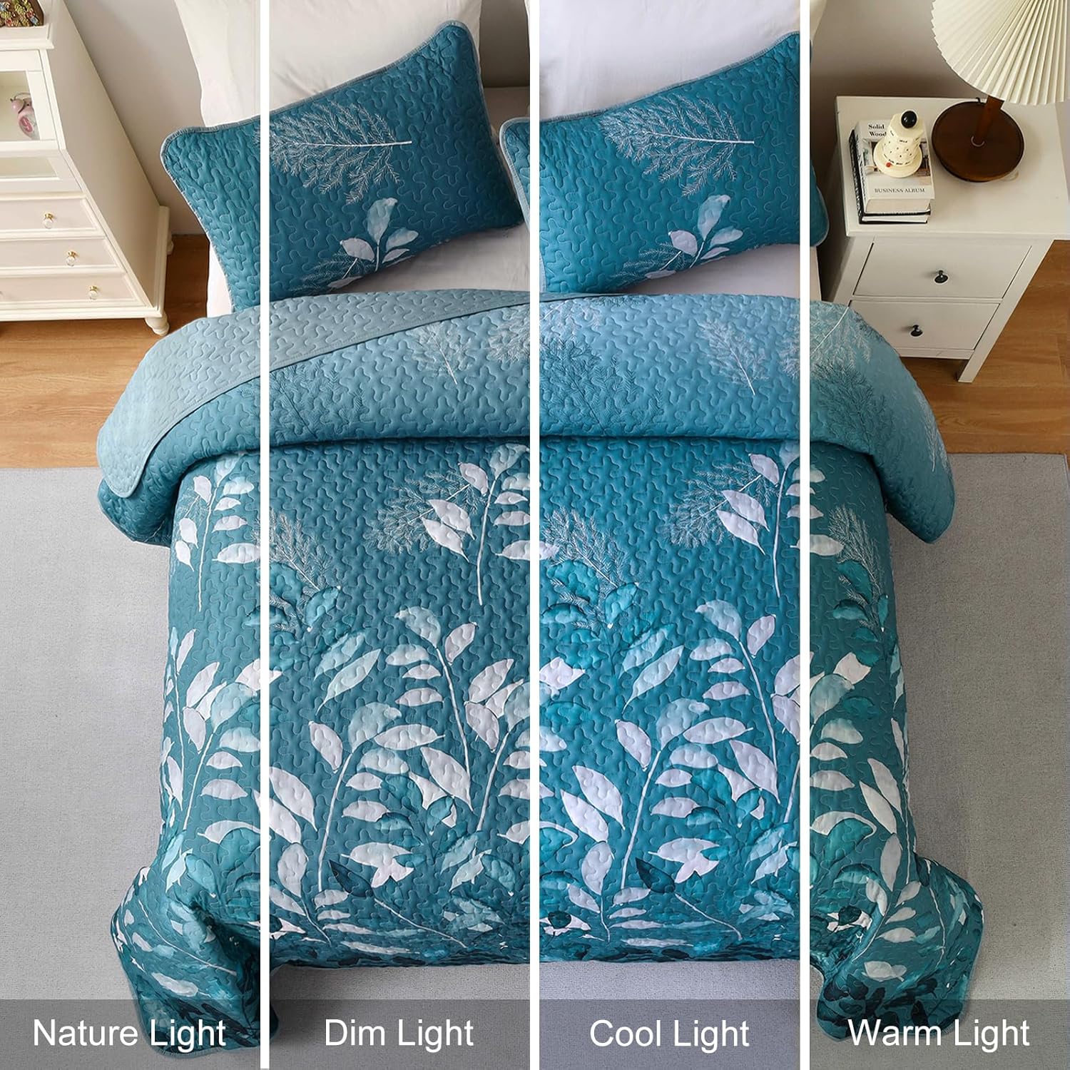 WONGS BEDDING Juego de edredón California King, juego de colcha de 3 piezas con hojas botánicas florales verde azulado con 2 fundas de almohada para